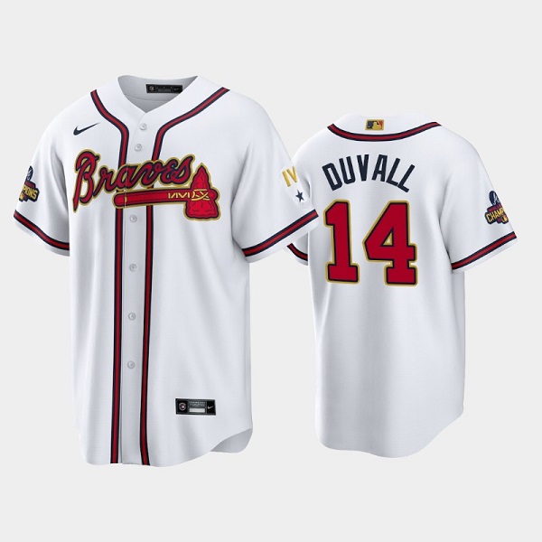 Men's White/Gold Atlanta Braves #14 Adam Duvall 2022 World Series Champions Program Cool Base Stitched Baseball Jersey